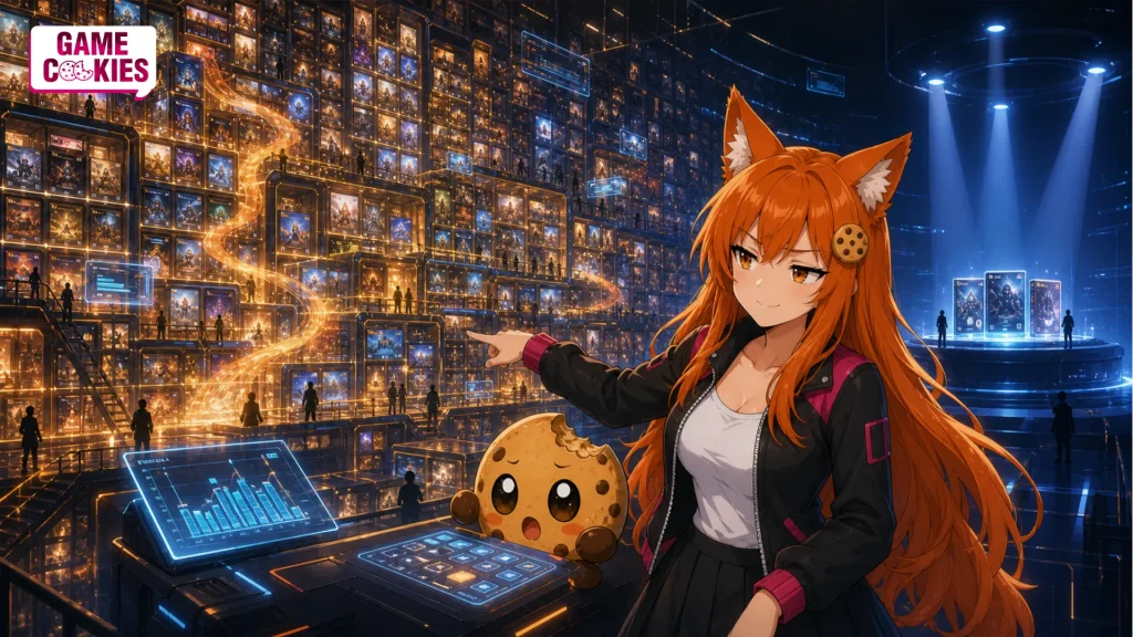 Kiki points toward an enormous glowing PC game library while Chip analyzes the smaller new-release section.