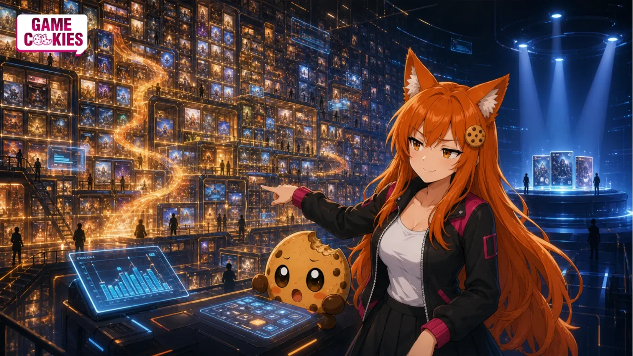 Kiki points toward an enormous glowing PC game library while Chip analyzes the smaller new-release section.
