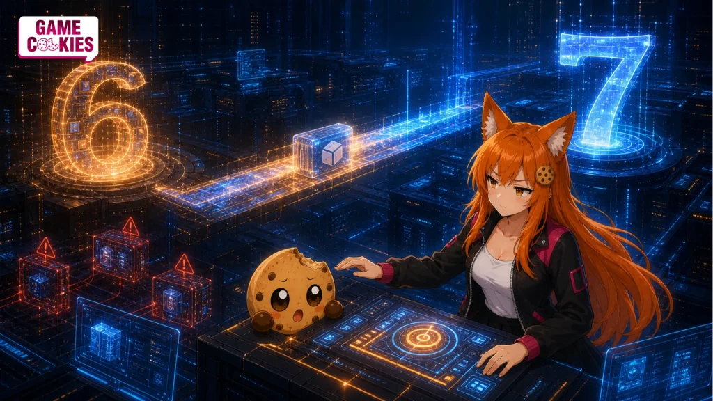 Kiki and Chip examine a glowing bridge from Unity 6 to Unity 7 while red warning modules suggest possible upgrade risks.