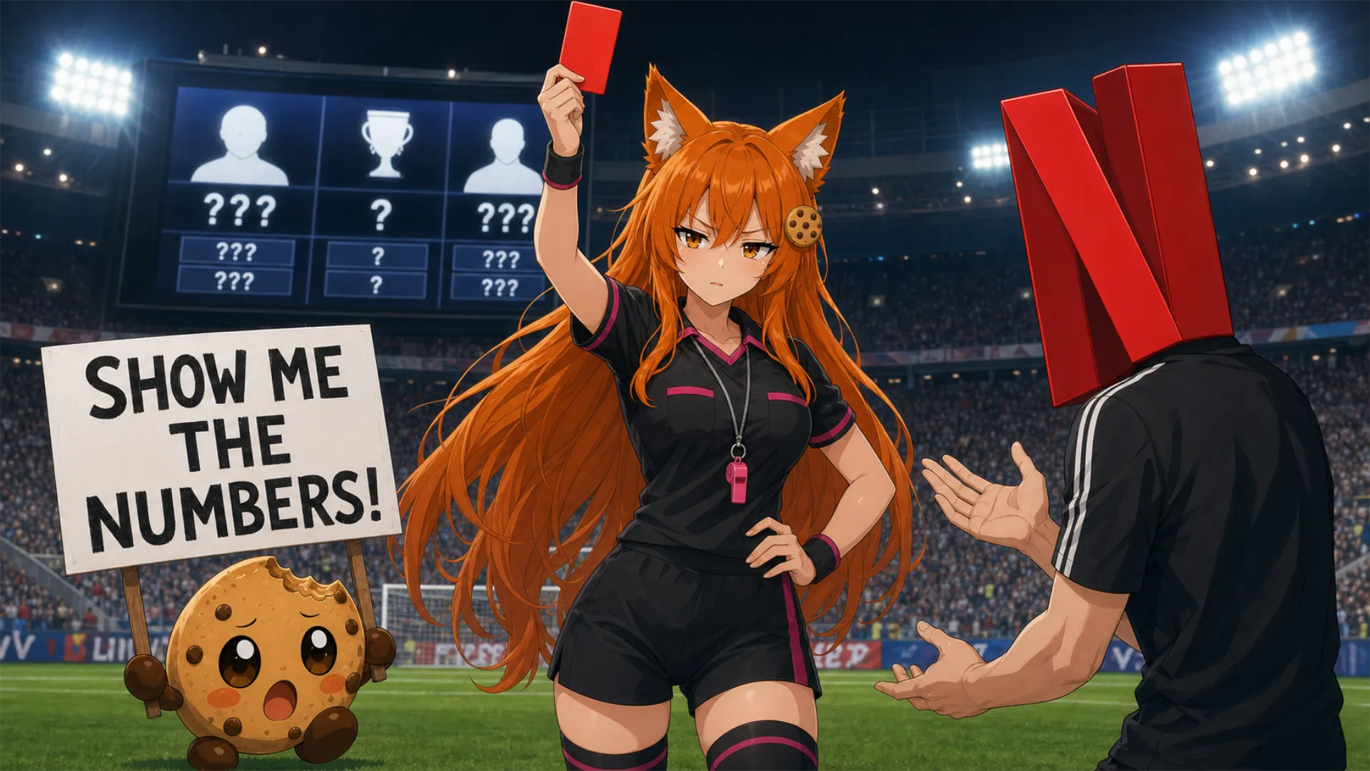 Kiki raises a red card at a soccer player with a Netflix N for a head while Chip holds a “SHOW ME THE NUMBERS!” sign beside a stadium scoreboard filled with question marks.