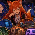 Kiki, Byte, and Chip open a chaotic Game Cookies news box filled with panels about digital games, AI code slop, Xbox layoffs, labor strikes, and game adaptations.