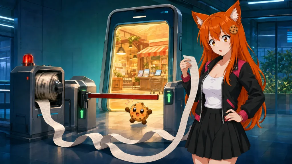 Anime-style illustration of Kiki reading an enormous receipt beside a smartphone-shaped app-store gateway, while a red toll barrier stops Chip from reaching a warmly lit independent shop.