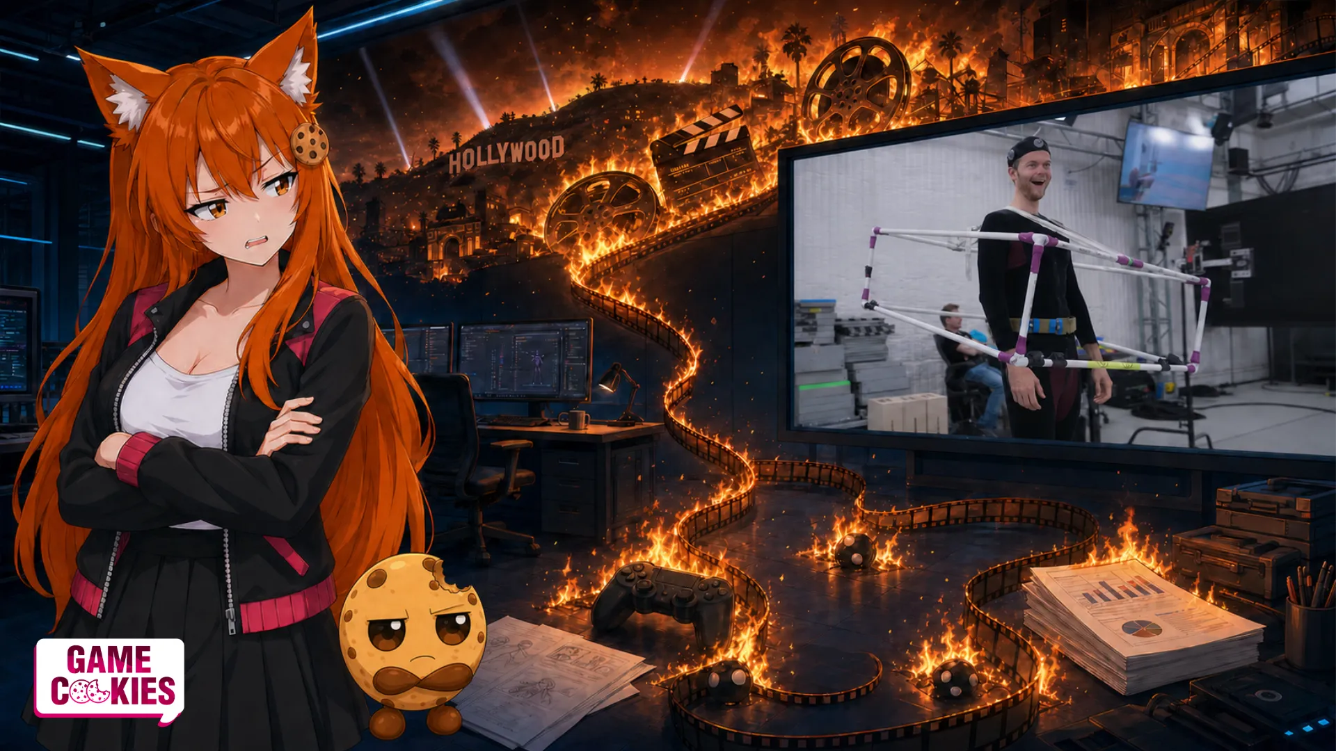 Kiki and Chip look disgusted as burning Hollywood film reels send a fiery film strip into a game studio, while a monitor shows a motion-capture actor inside a cube rig.