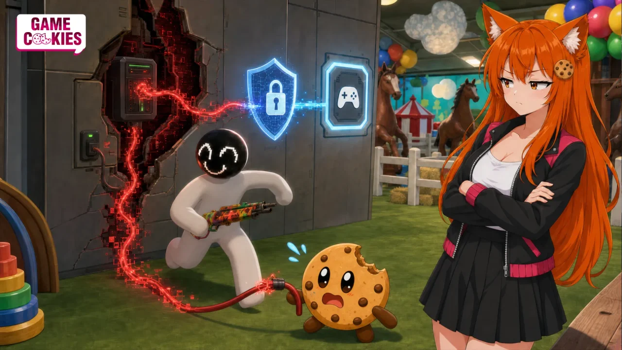 Kiki and Chip confront a MECCHA CHAMELEON character as a security shield blocks malware from a malicious custom map.