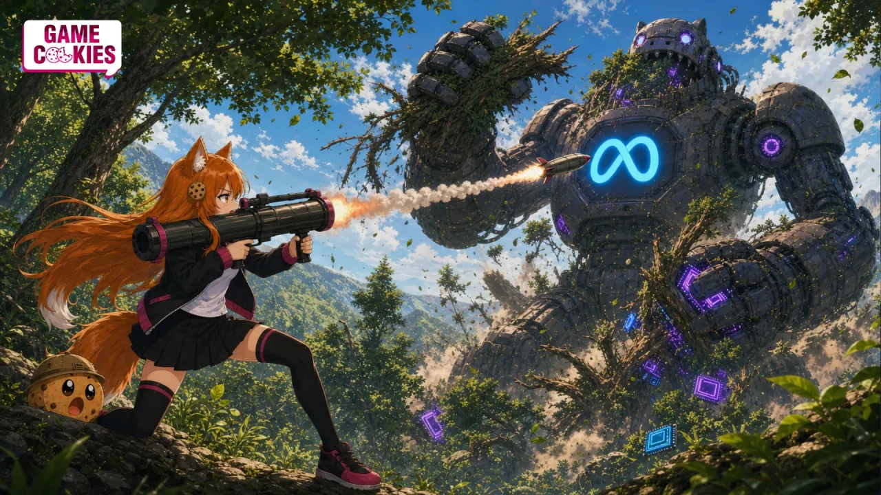 Kiki fires a shoulder-mounted rocket toward the Meta logo on a giant robot holding an uprooted tree while Chip shelters behind a rock in a mountain forest.