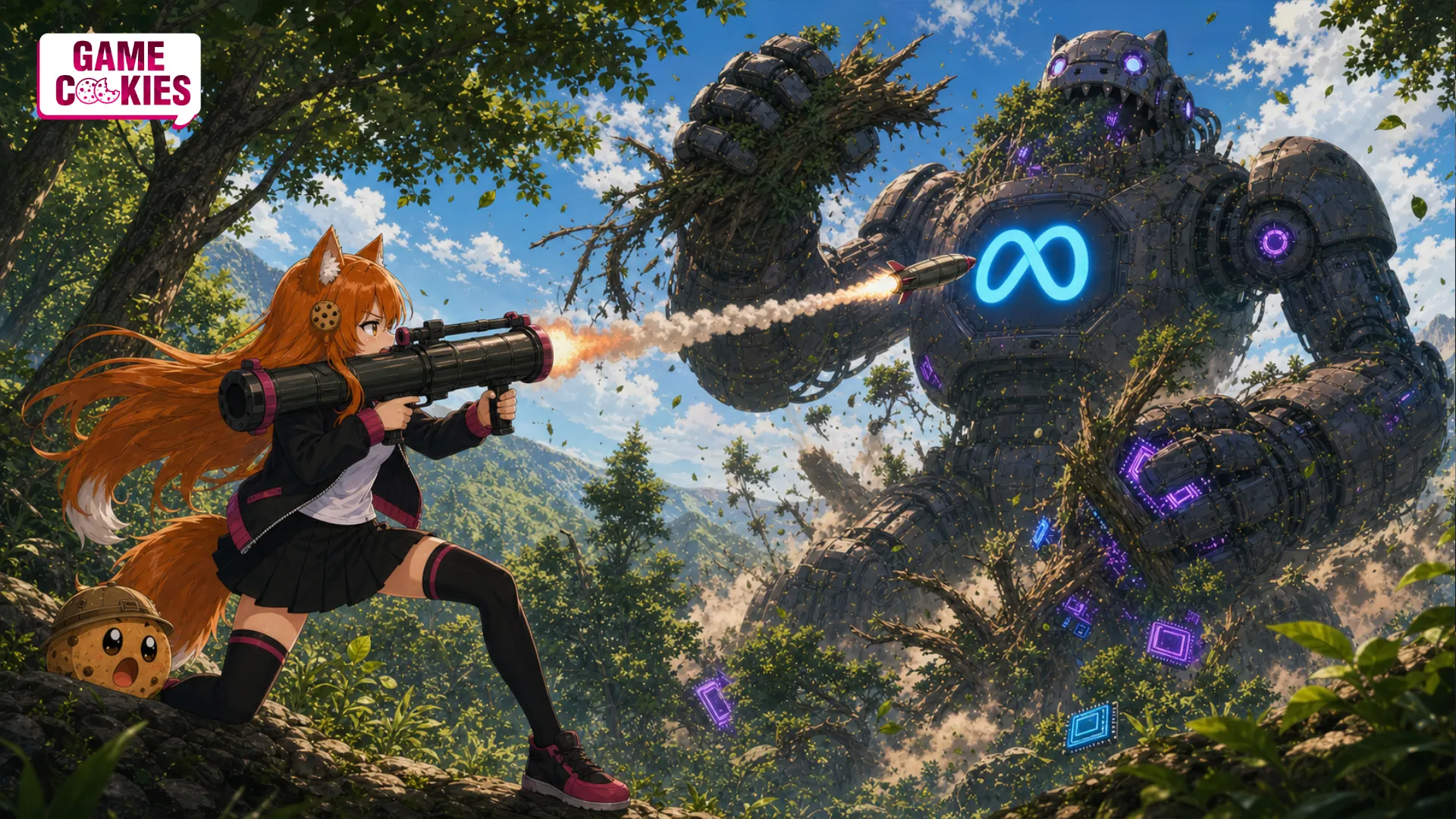 Kiki fires a shoulder-mounted rocket toward the Meta logo on a giant robot holding an uprooted tree while Chip shelters behind a rock in a mountain forest.