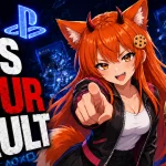 Kiki and Chip with devil horns point at the viewer while PlayStation game cases disintegrate into digital particles behind them.