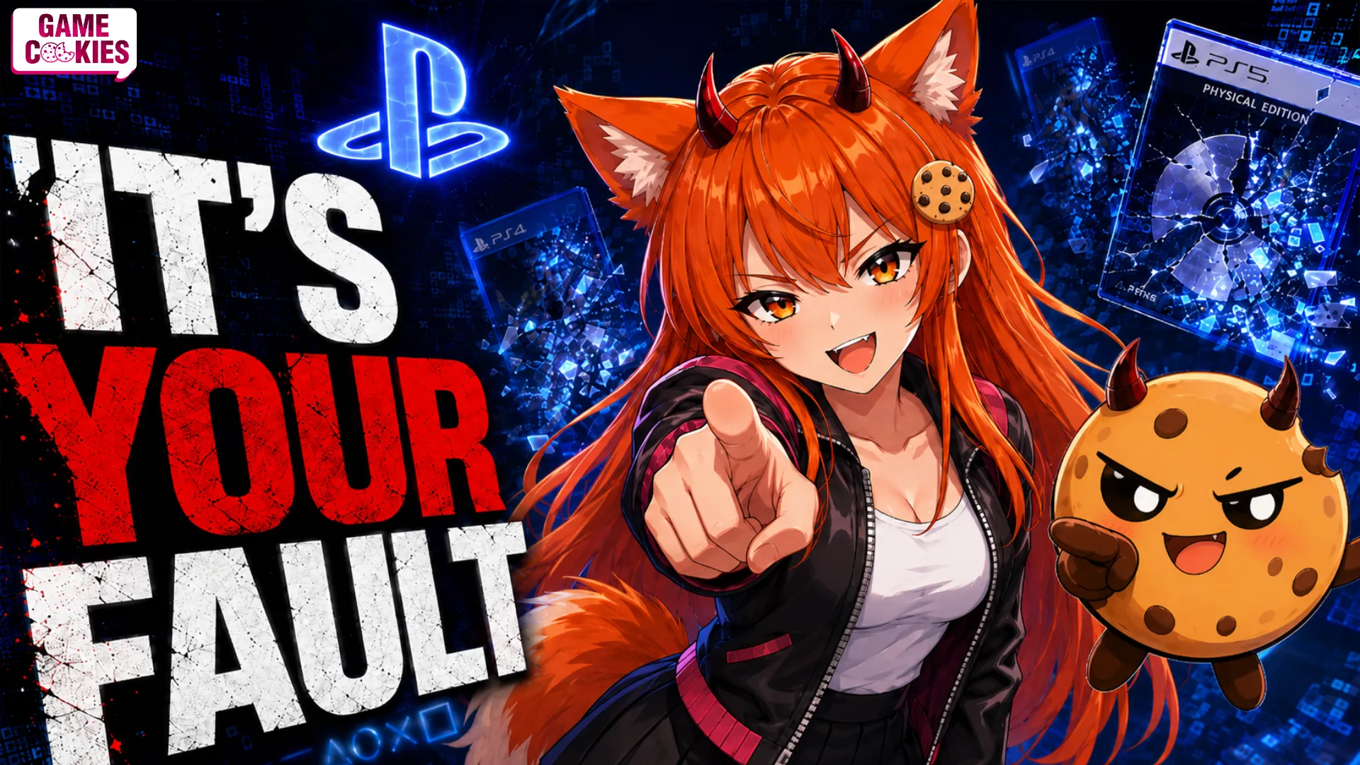 Kiki and Chip with devil horns point at the viewer while PlayStation game cases disintegrate into digital particles behind them.