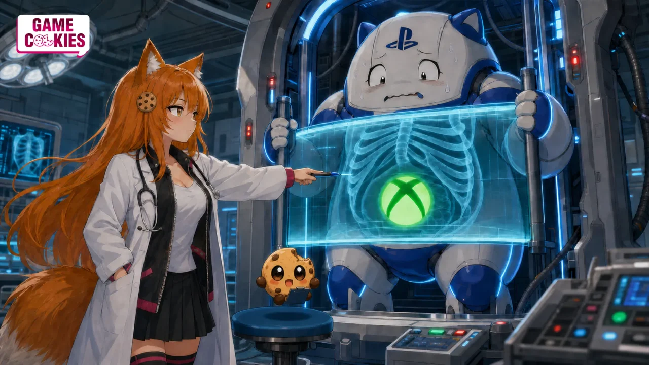 Doctor Kiki points at a glowing Xbox logo inside the X-ray abdomen of a nervous blue-and-white PlayStation monster while Chip reacts with a clipboard.