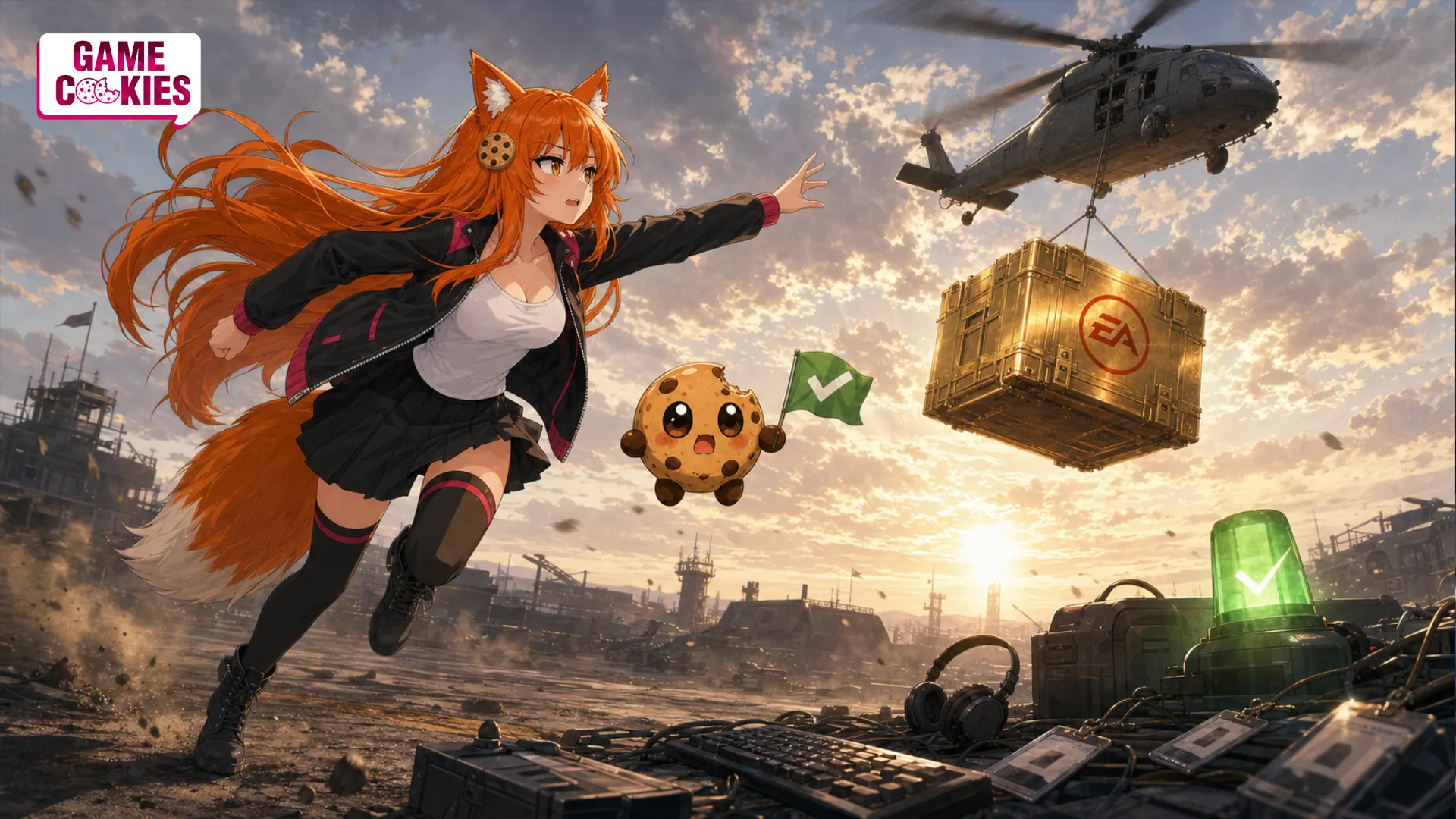 Kiki runs across a battle-scarred airfield toward an EA-marked gold reward crate being airlifted as Chip holds a green checkmark flag beside abandoned work gear.