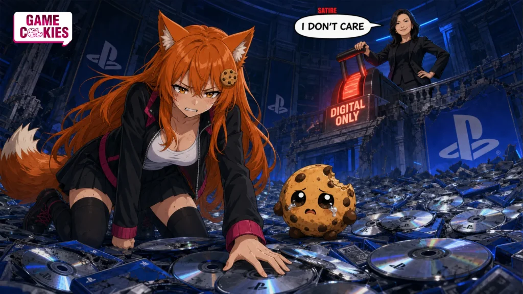atirical anime illustration of Lin Tao pulling a red Digital Only lever beneath a speech balloon labeled Satire that says I Don’t Care, while defeated Kiki and Chip kneel among piles of PlayStation discs.