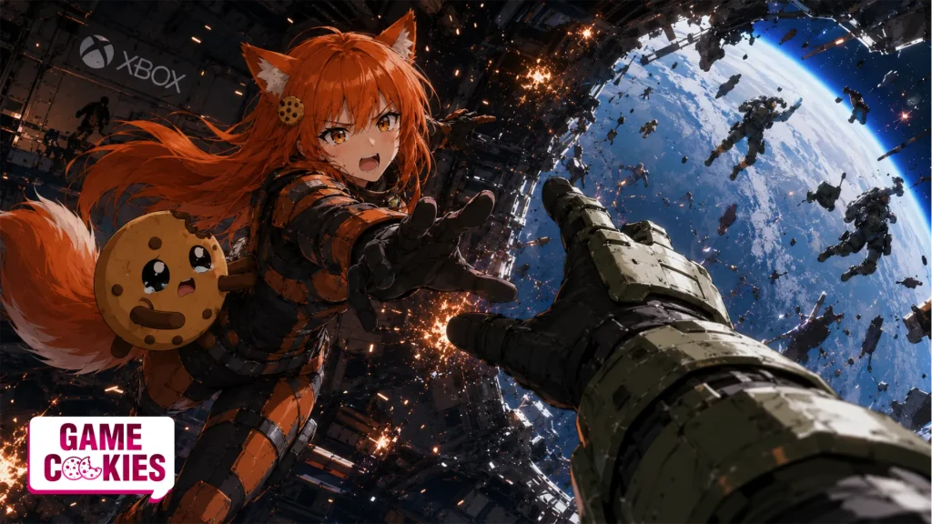 Anime-style fox girl Kiki in futuristic Spartan-inspired armor reaches toward an armored hand from a first-person perspective while an Xbox space station explodes around her, with Chip floating beside her.