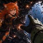 Anime-style fox girl Kiki in futuristic Spartan-inspired armor reaches toward an armored hand from a first-person perspective while an Xbox space station explodes around her, with Chip floating beside her.