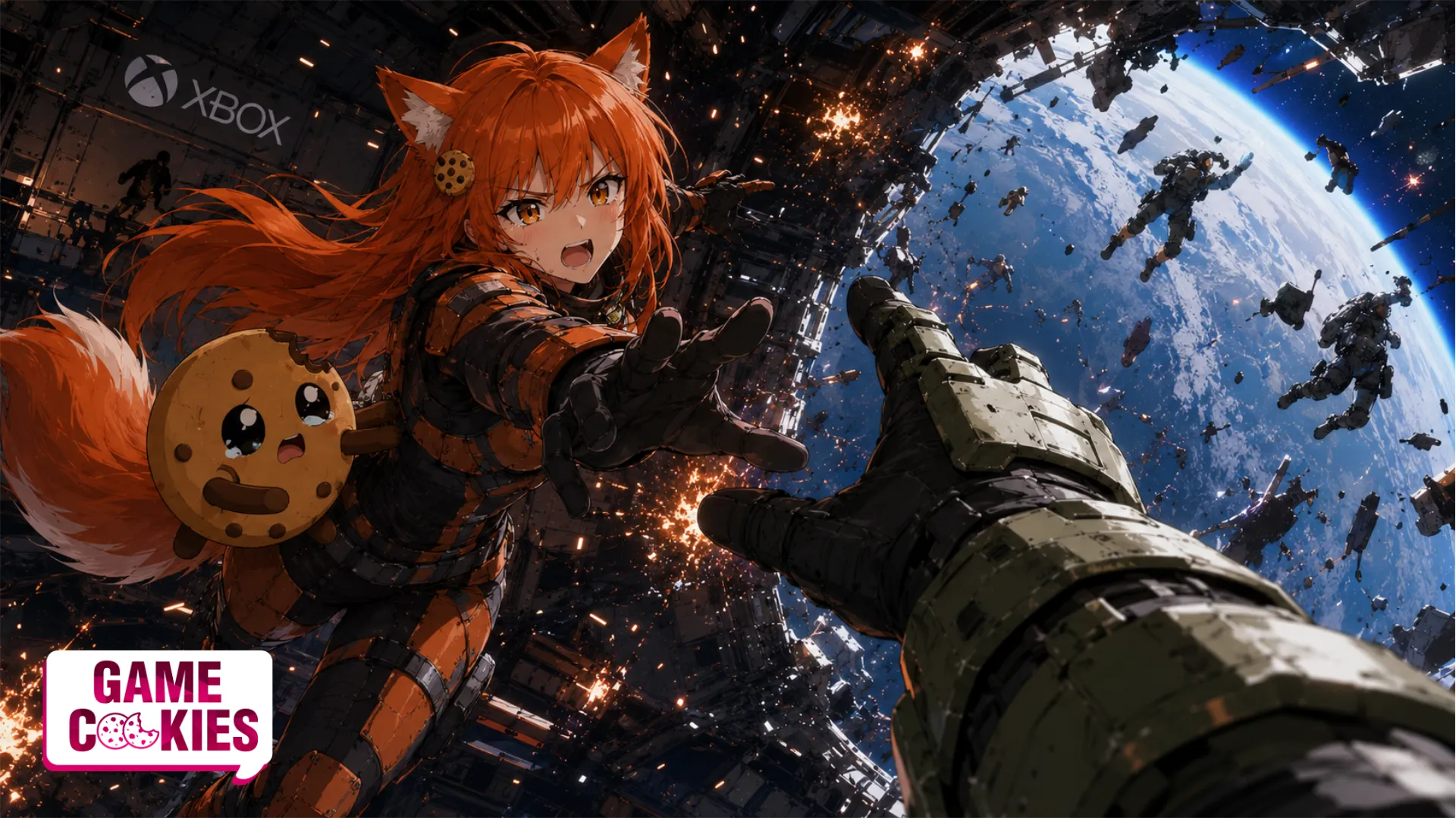 Anime-style fox girl Kiki in futuristic Spartan-inspired armor reaches toward an armored hand from a first-person perspective while an Xbox space station explodes around her, with Chip floating beside her.