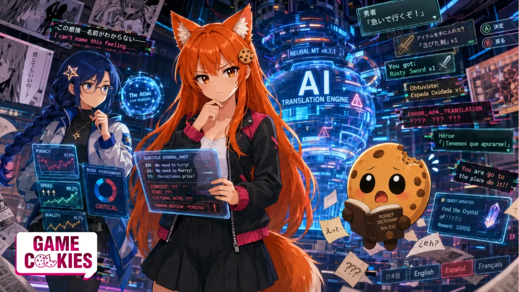 Kiki, Byte, and Chip investigate a glowing AI translation engine surrounded by broken subtitles, game UI text, manga panels, and localization warning screens.