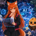 Kiki, Byte, and Chip investigate a glowing AI translation engine surrounded by broken subtitles, game UI text, manga panels, and localization warning screens.