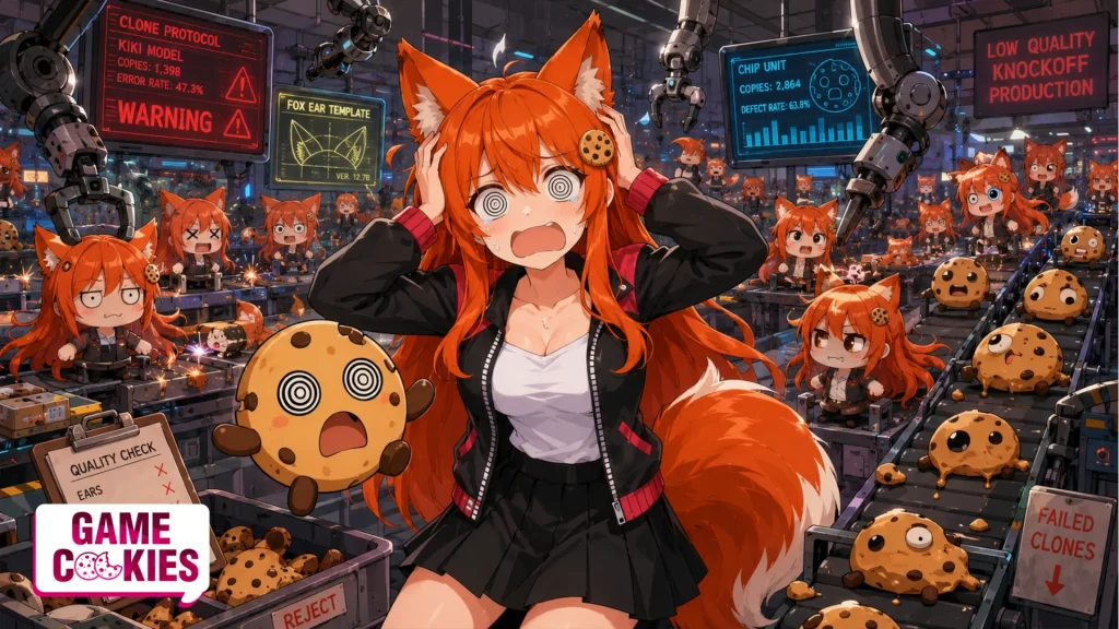 Kiki and Chip panic inside a robot factory where machines are mass-producing strange, low-quality knockoff copies of them.