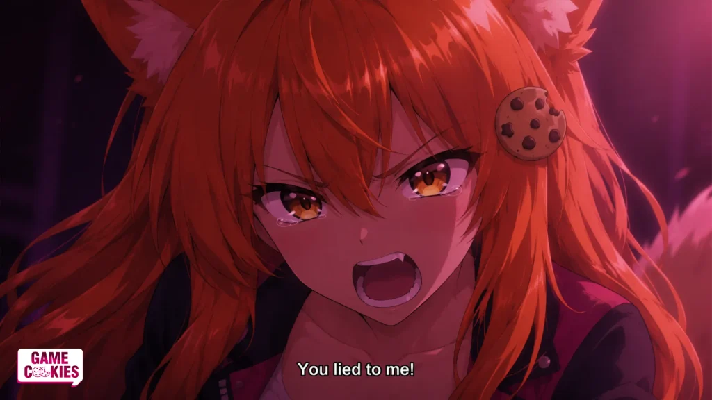 Kiki from Game Cookies screams “You lied to me!” in a dramatic anime-style frame reacting to Sony’s physical disc controversy.