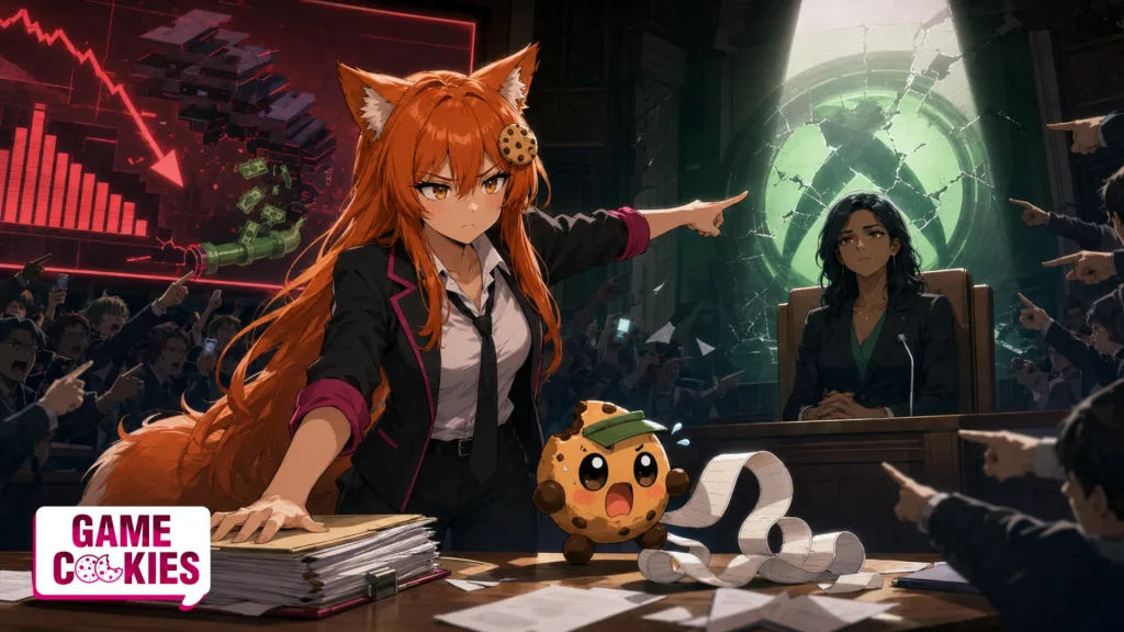Kiki presents Xbox’s collapsing financial data in a crowded courtroom while Asha Sharma faces public anger and Chip panics over the numbers.