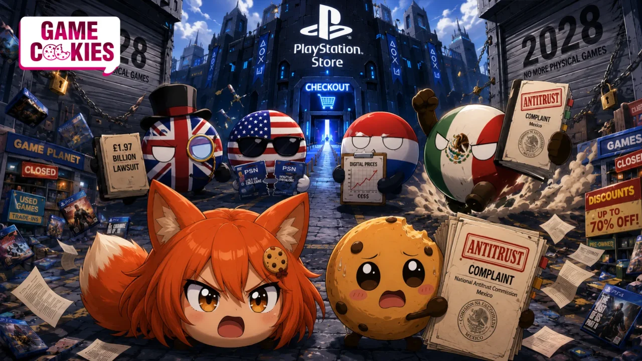 Kiki and Chip join Mexico, the United States, the United Kingdom, and the Netherlands outside a PlayStation Store fortress during an international antitrust fight over physical games.