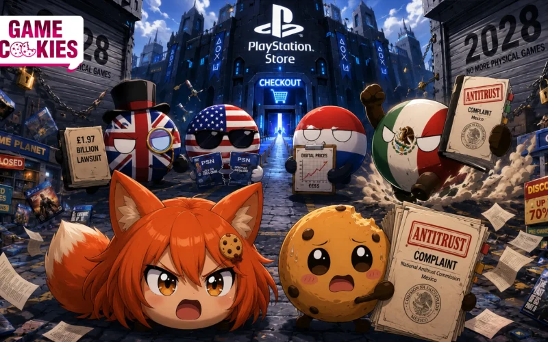 Kiki and Chip join Mexico, the United States, the United Kingdom, and the Netherlands outside a PlayStation Store fortress during an international antitrust fight over physical games.