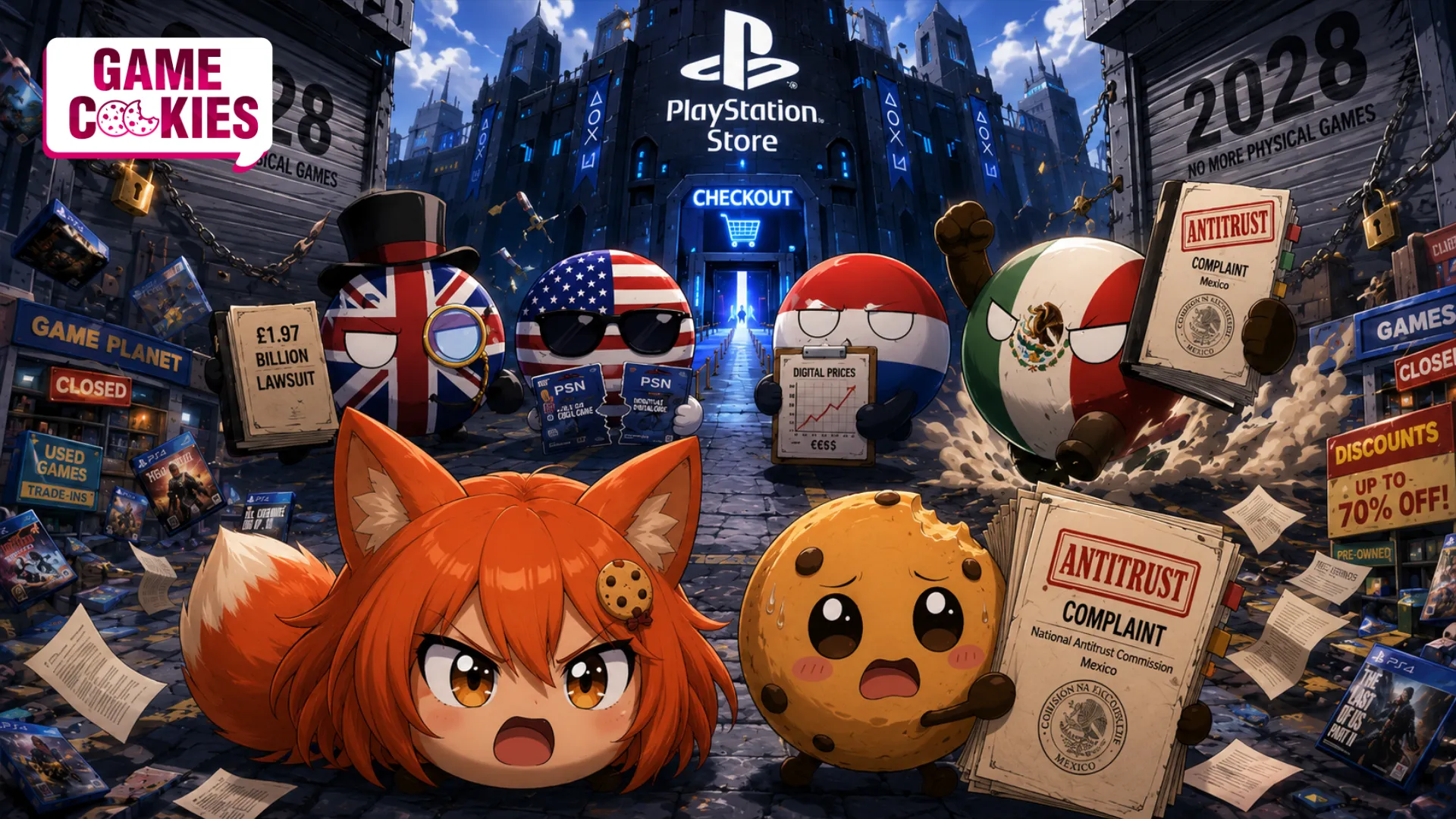 Kiki and Chip join Mexico, the United States, the United Kingdom, and the Netherlands outside a PlayStation Store fortress during an international antitrust fight over physical games.