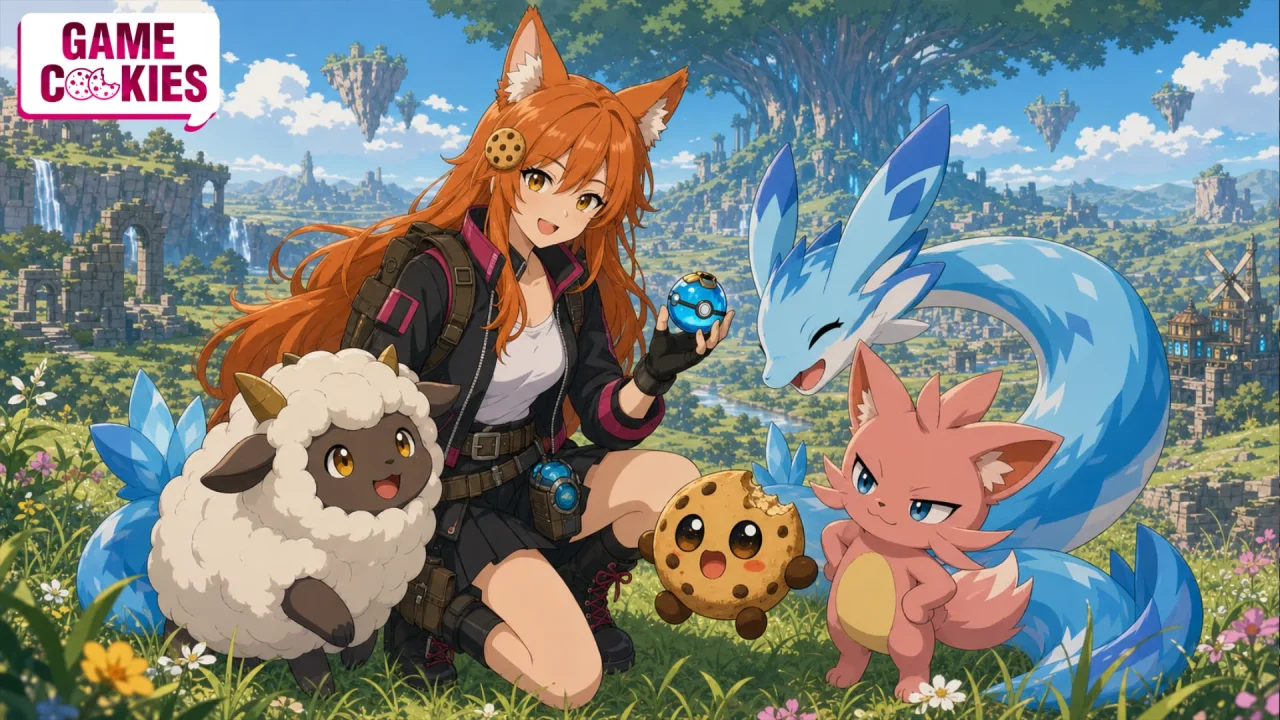 Kiki holds a Pal Sphere beside Chip, Lamball, Cattiva, and Chillet, with the World Tree and floating islands behind them.