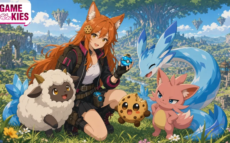 Kiki holds a Pal Sphere beside Chip, Lamball, Cattiva, and Chillet, with the World Tree and floating islands behind them.
