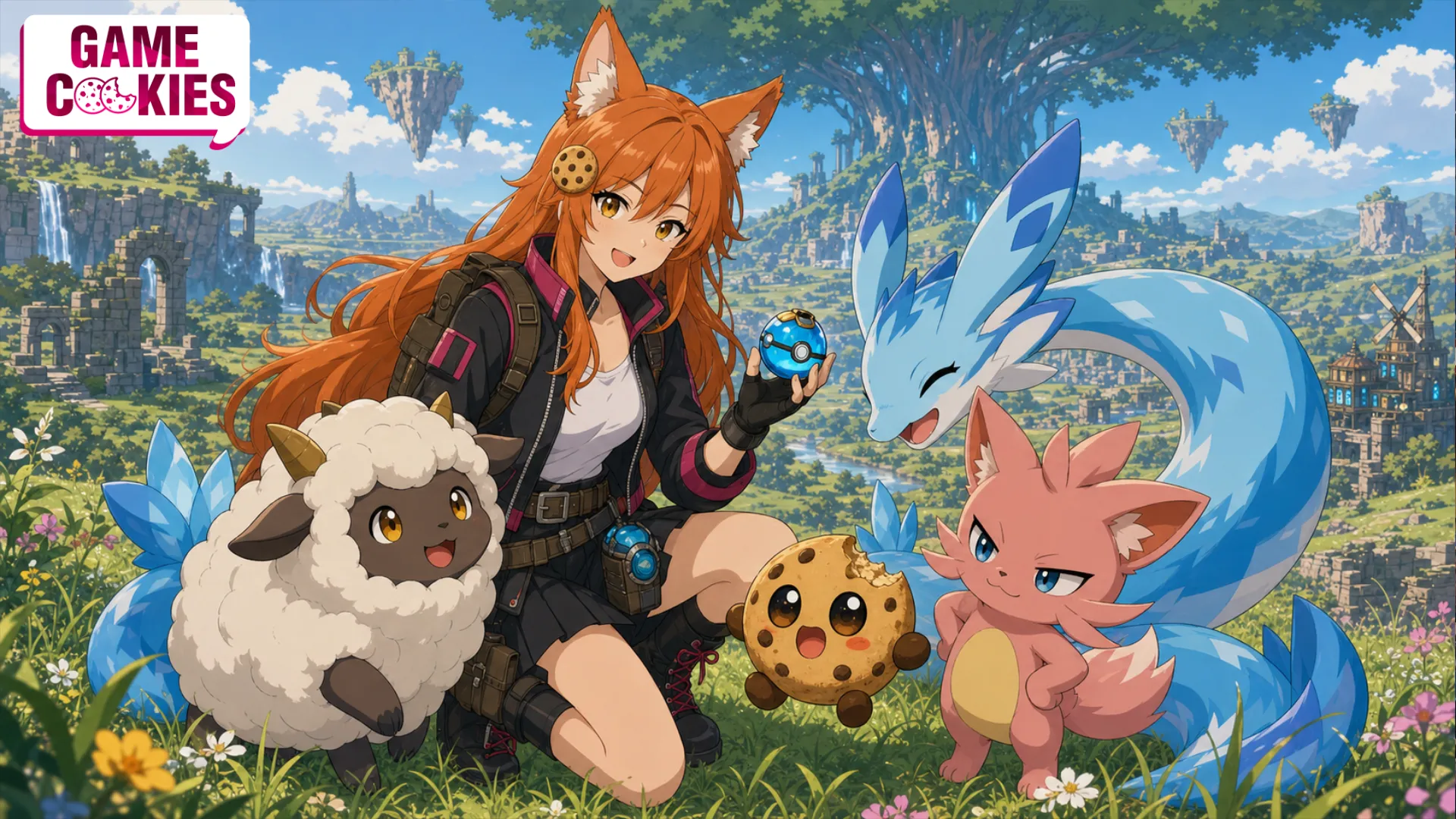 Kiki holds a Pal Sphere beside Chip, Lamball, Cattiva, and Chillet, with the World Tree and floating islands behind them.