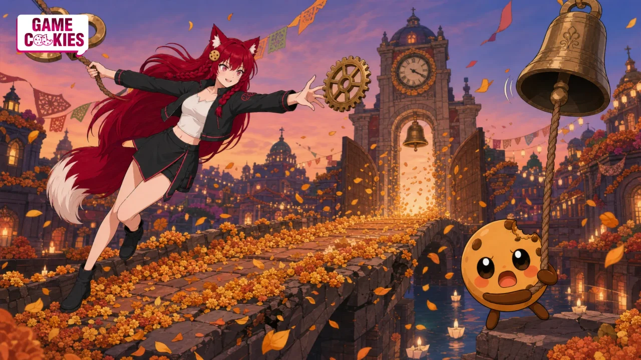 Kiki catches a falling clock gear while Chip rings a bell, opening a marigold-covered gate in a fantasy clocktower city inspired by the Kingdom Hearts 4 release-window news.
