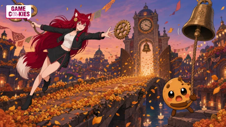 Kiki catches a falling clock gear while Chip rings a bell, opening a marigold-covered gate in a fantasy clocktower city inspired by the Kingdom Hearts 4 release-window news.