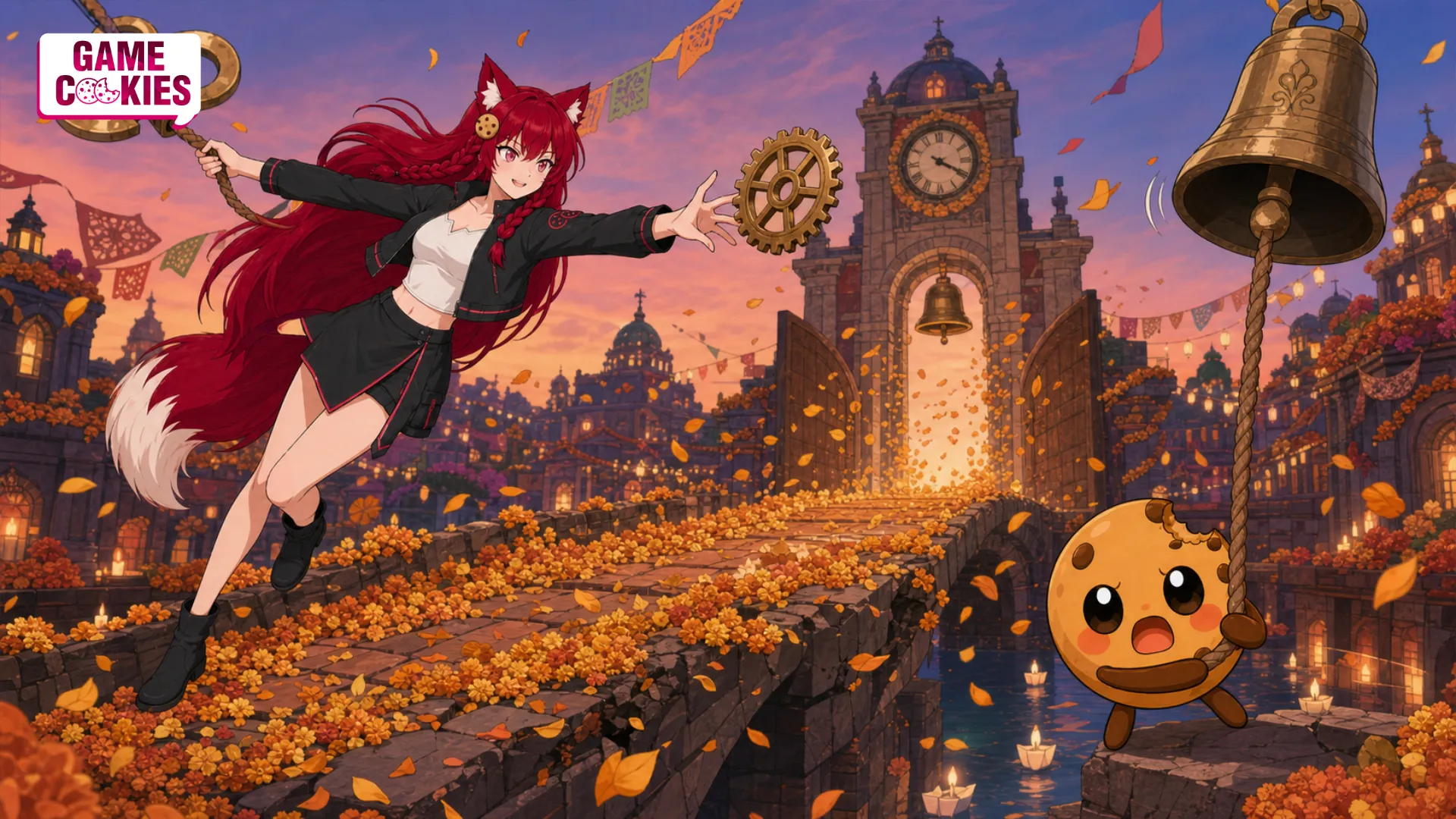 Kiki catches a falling clock gear while Chip rings a bell, opening a marigold-covered gate in a fantasy clocktower city inspired by the Kingdom Hearts 4 release-window news.