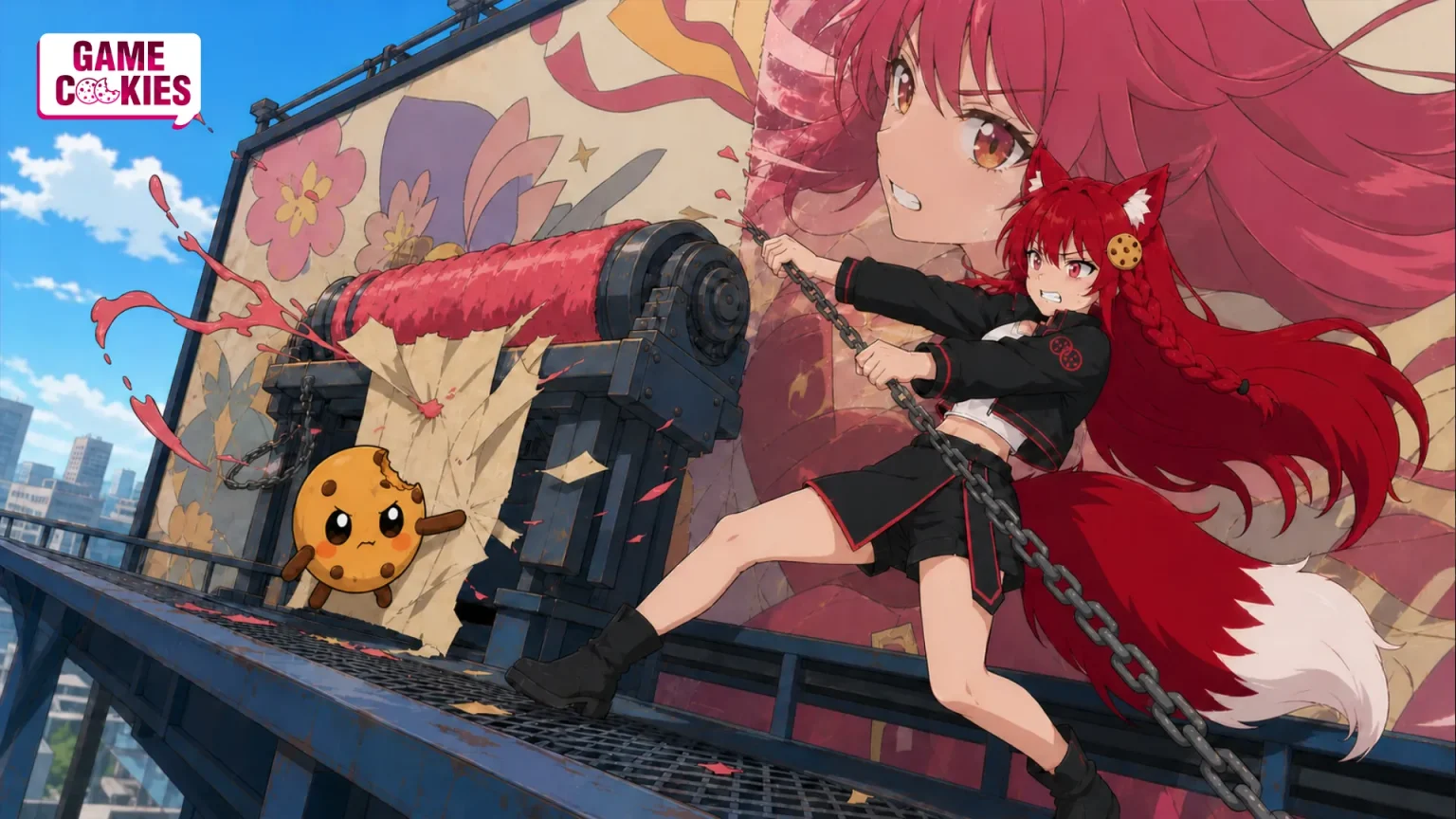 Kiki hangs from a runaway paint roller’s brake chain while Chip protects an anime mural that is being transformed by neural rendering.