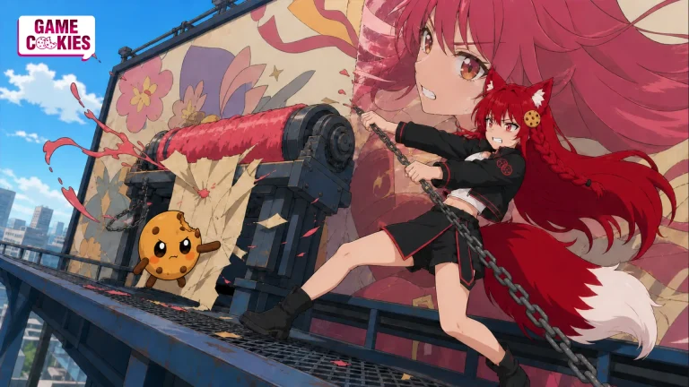 Kiki hangs from a runaway paint roller’s brake chain while Chip protects an anime mural that is being transformed by neural rendering.