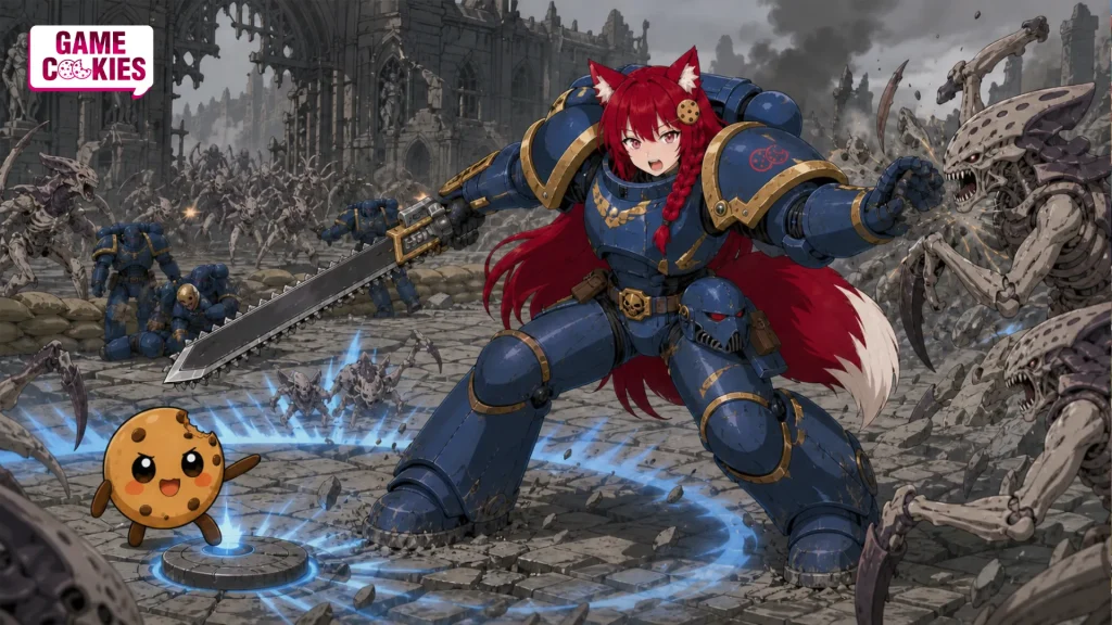 Kiki in blue power armor swings a chain sword at an alien swarm while Chip activates a blue shockwave in a Space Marine 3 editorial illustration.