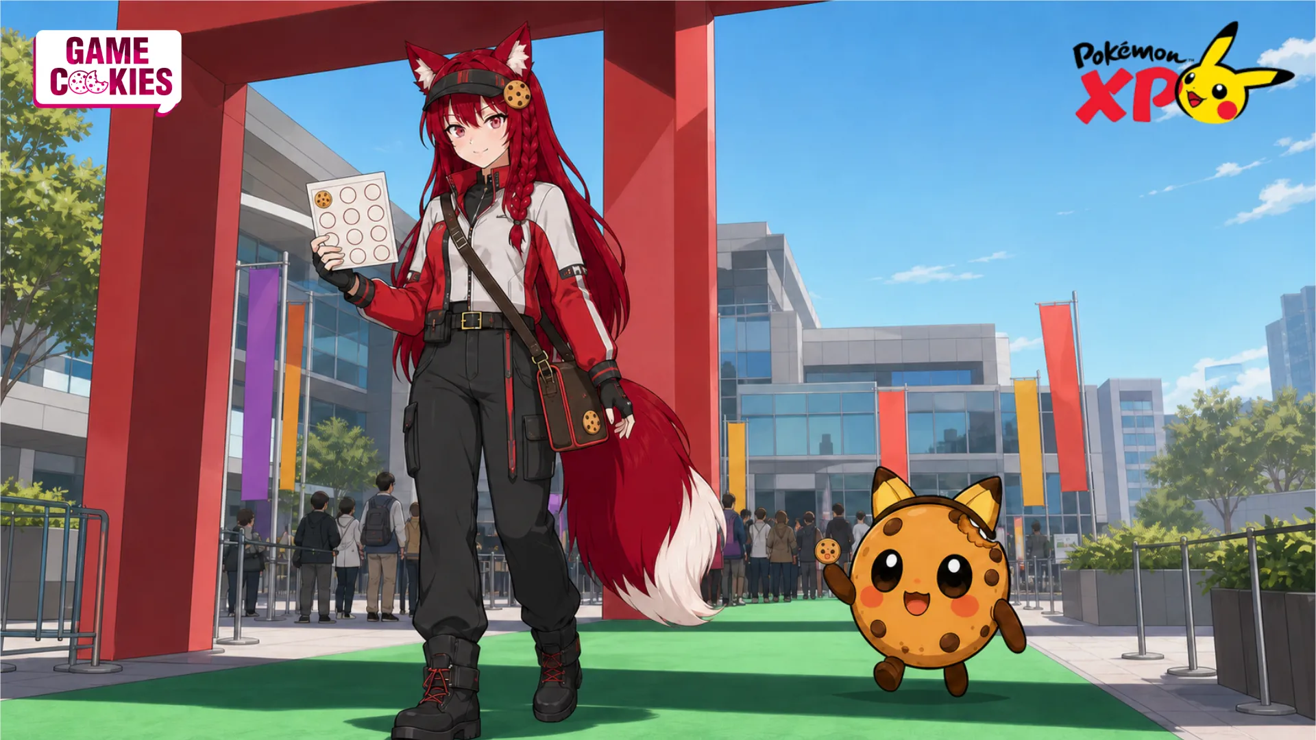 Kiki in Pokémon Trainer cosplay holds a nearly empty Pin Rally card beside Chip at the crowded PokémonXP entrance.