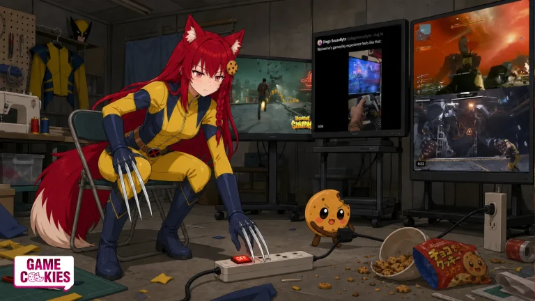 Kiki in a yellow-and-blue Wolverine cosplay looks disappointed at three mock-video screens while Chip pulls the plug in a workshop.