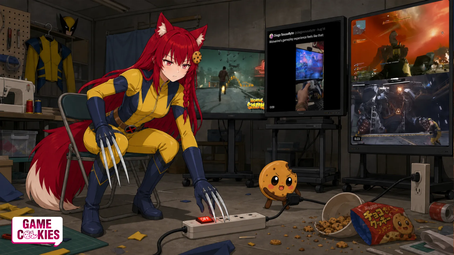 Kiki in a yellow-and-blue Wolverine cosplay looks disappointed at three mock-video screens while Chip pulls the plug in a workshop.