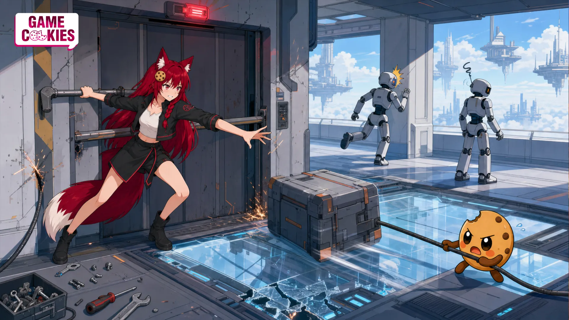 Kiki braces open a jammed orbital elevator while Chip pulls a mission crate away from a glitching floor as two robots malfunction behind them.