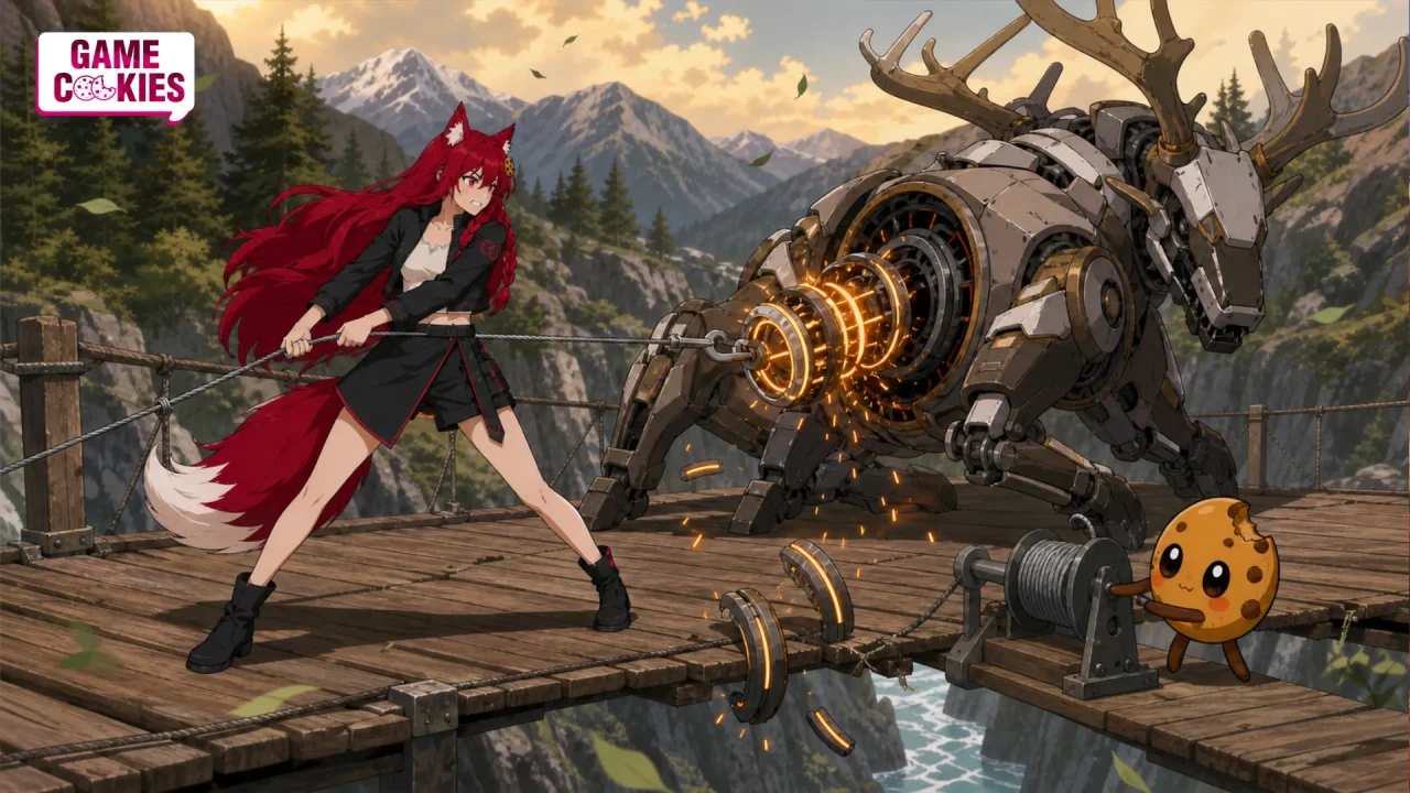 Kiki pulls a glowing ring-shaped core from a kneeling mechanical elk while Chip locks a winch on a damaged suspension bridge above an alpine river.