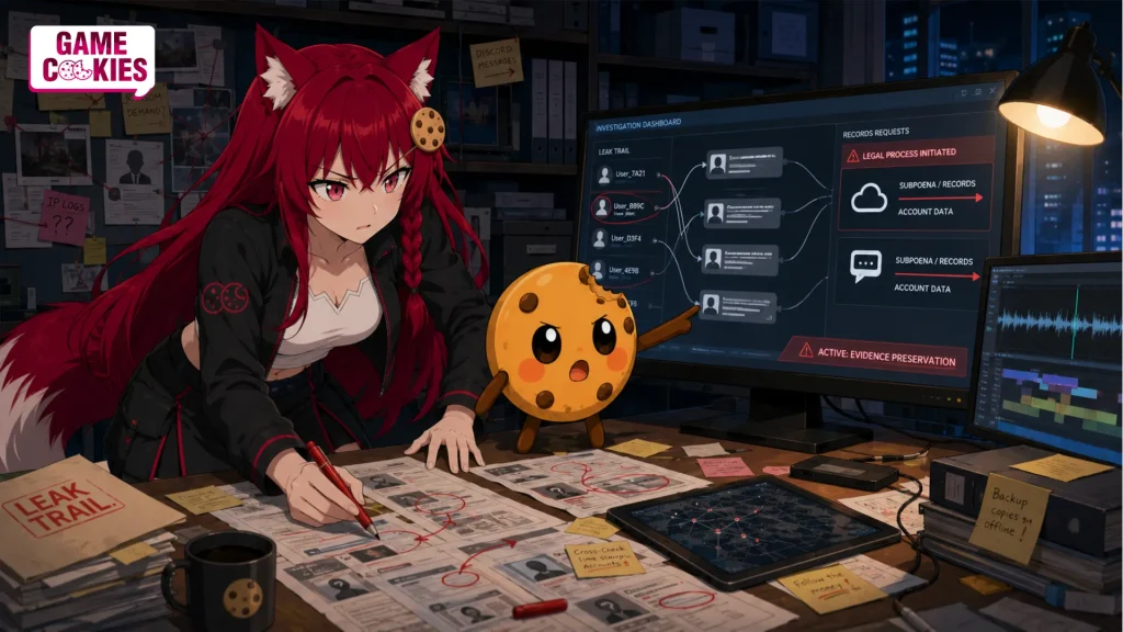 Kiki follows a glowing digital evidence trail through a late-night courthouse records corridor while Chip braces an evidence cart beside two secured server cabinets.