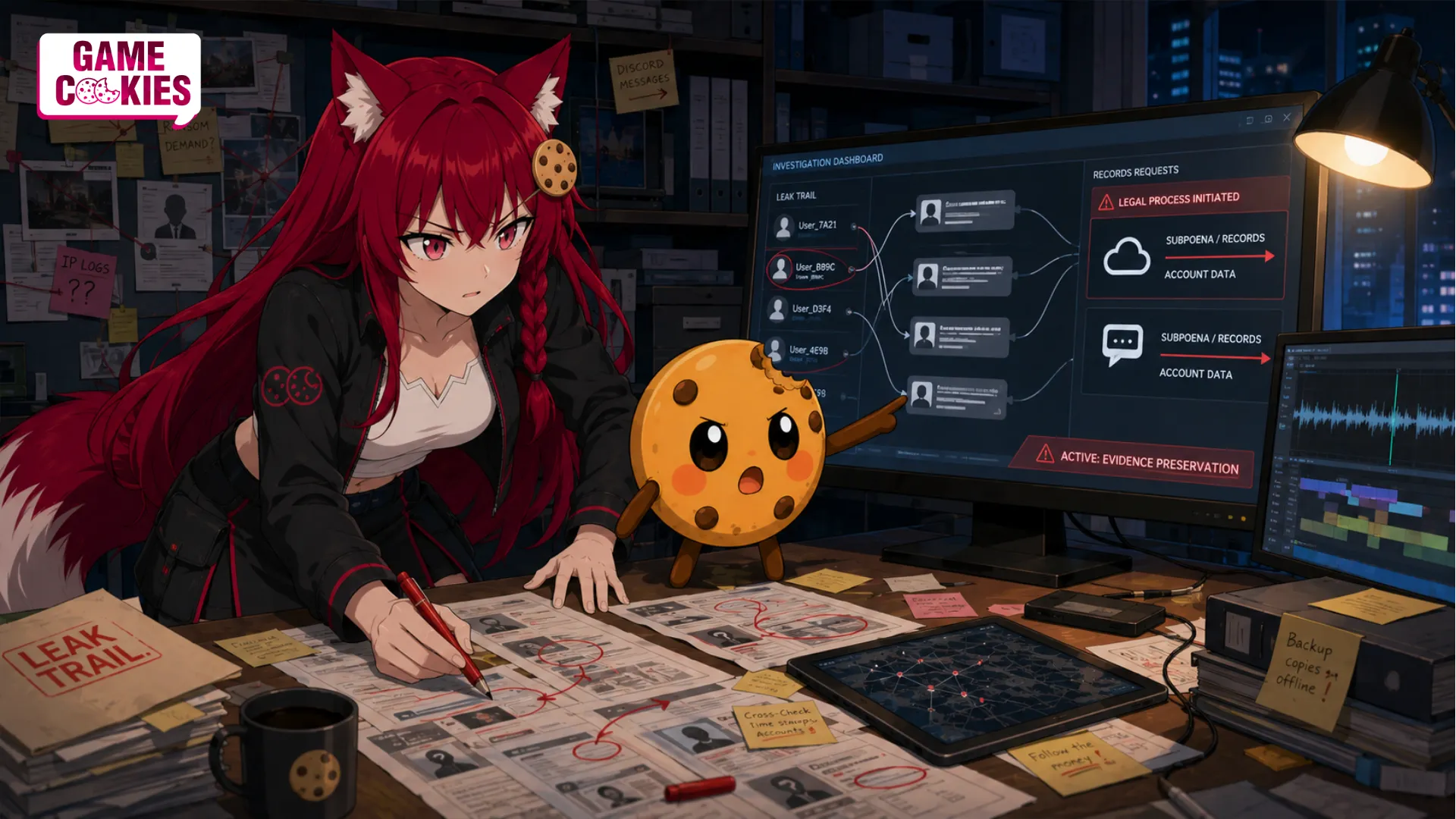Kiki follows a glowing digital evidence trail through a late-night courthouse records corridor while Chip braces an evidence cart beside two secured server cabinets.