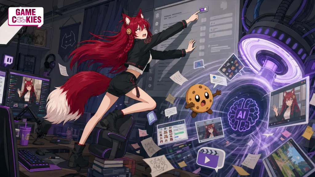Kiki stands in a Twitch-like streaming studio while a giant automated data conveyor quietly copies streams, chat bubbles, clips, and channel images toward an abstract Amazon-style AI server; Chip desperately reaches for a small opt-out toggle.