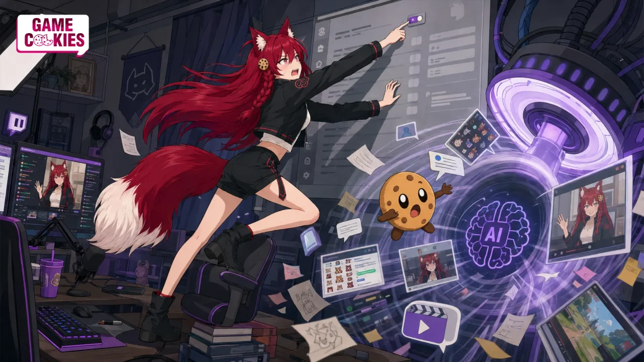 Kiki stands in a Twitch-like streaming studio while a giant automated data conveyor quietly copies streams, chat bubbles, clips, and channel images toward an abstract Amazon-style AI server; Chip desperately reaches for a small opt-out toggle.