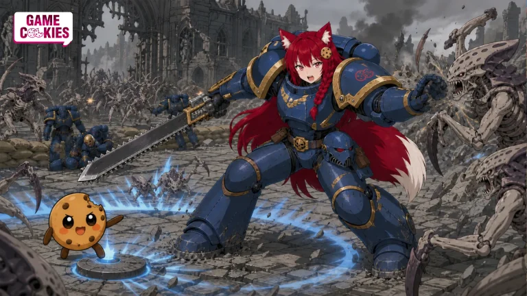 Kiki in blue power armor swings a chain sword at an alien swarm while Chip activates a blue shockwave in a Space Marine 3 editorial illustration.