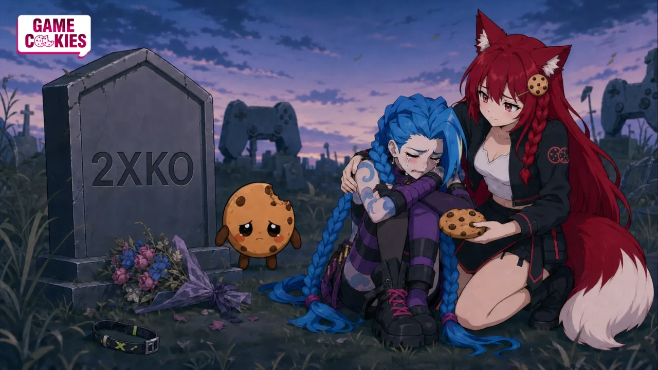 Kiki comforts a crying Jinx beside a gravestone marked 2XKO while a tearful Chip stands nearby in a game-controller cemetery.
