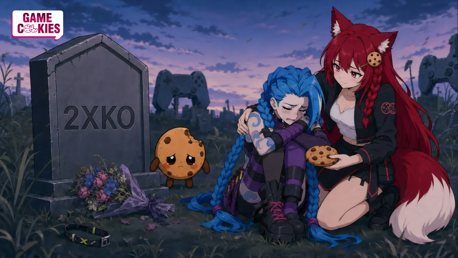 Kiki comforts a crying Jinx beside a gravestone marked 2XKO while a tearful Chip stands nearby in a game-controller cemetery.