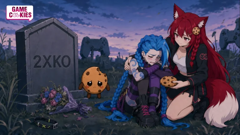 Kiki comforts a crying Jinx beside a gravestone marked 2XKO while a tearful Chip stands nearby in a game-controller cemetery.