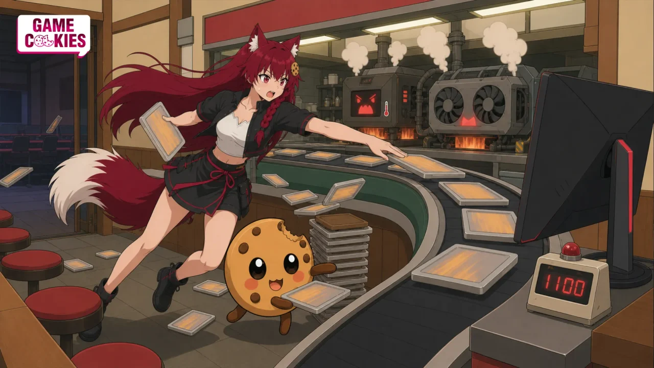 Kiki and Chip scramble through a conveyor-belt frame kitchen, feeding glowing frame plates toward a monitor marked 1100 while CPU and GPU machines overheat behind them.