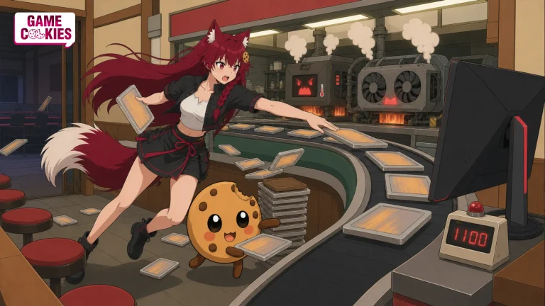 Kiki and Chip scramble through a conveyor-belt frame kitchen, feeding glowing frame plates toward a monitor marked 1100 while CPU and GPU machines overheat behind them.